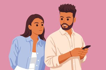 Couple looking at smartphone with confused and concerned facial expressions.
