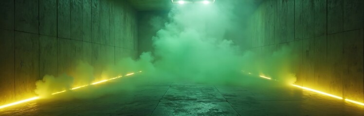 Naklejka premium Concrete hall with thick green smoke and yellow neon light lines. Dark grunge interior with rough walls and floor. Minimalist design with atmospheric backlight and fog effects.