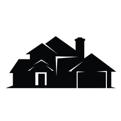 Black silhouette of a multi-level house with a chimney and garage