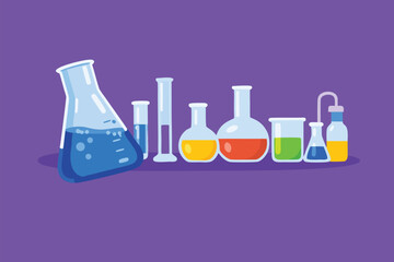 Variety of laboratory glassware with colorful liquids on purple background.