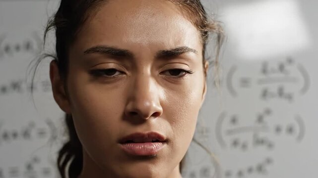Frustrated young woman looking at complex math formula on board