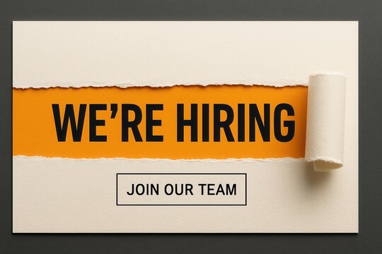Job opportunity banner with WE'RE HIRING and JOIN OUR TEAM call to action, modern stylish design, effective recruitment promotion.