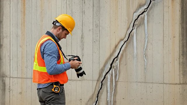 Male civil engineer in safety vest and hard hat taking photos of a large crack in a concrete wall for structural inspection and damage assessment