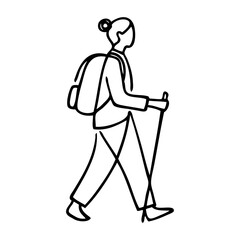 Senderismo en la naturaleza. Dibujo sencillo con líneas de una mujer caminando con un bastón y una mochila a la espalda  © teracreonte