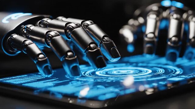 Robotic hands illuminated by tablet glow, blue AI light reflecting on titanium fingers
