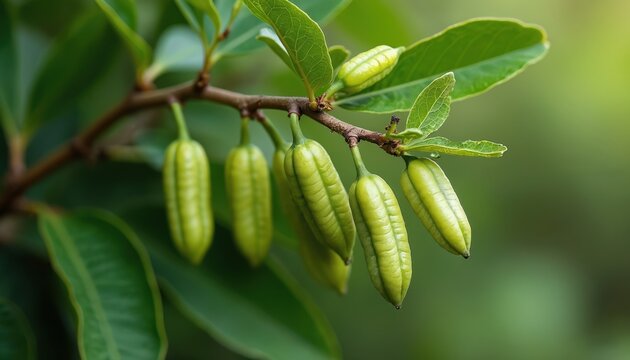 Griffonia plant unripe seed pods hang from branch. Green oval pods with textured surface grow on tree limb. Lush leaves surround the developing fruit.