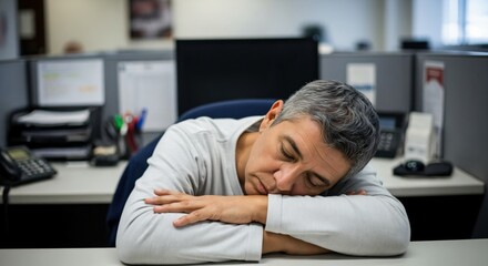 Fototapeta premium Exhausted middle aged man sleeping at his office desk during work hours, tired male employee taking a nap in a cubicle workplace environment