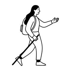 Senderismo en la naturaleza. Dibujo sencillo con líneas de una mujer caminando con un bastón y una mochila a la espalda © teracreonte