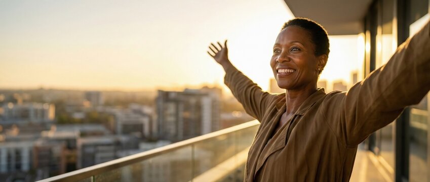 Senior African American woman with arms outstretched on balcony at sunset, embracing city view and golden hour light Concept of freedom, joy, and achievement