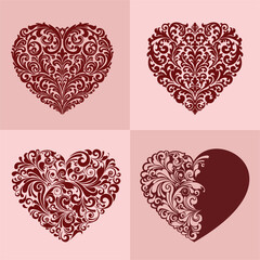 Elegant vector heart set with ornate floral filigree elements in red tones on soft pink backgrounds. Romantic decorative hearts perfect for Valentine&rsquo;s Day, wedding designs, invitations, cards, prints