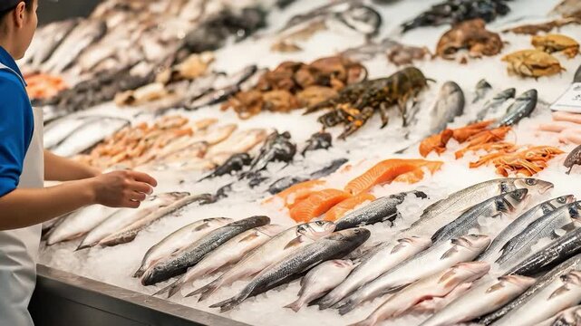 Young Caucasian female fishmonger in uniform arranging fresh seafood on ice at a local market or grocery store