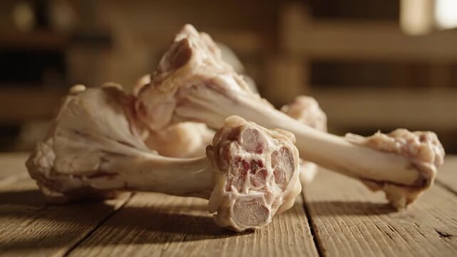 Close-up of scattered raw bones and meat on a weathered wooden kitchen table.