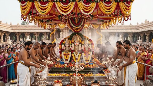 Grand celebration during Lakshmi Puja with devotees performing rituals in temple, vibrant decorations with flowers and ornate colors. Lakshmi Puja includes ceremonial offerings, prayers,