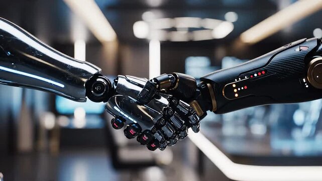 Two humanoid robots completing a professional business handshake