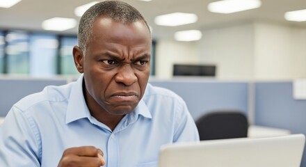 Obraz premium Angry Mature Black Businessman Looking at Laptop Screen with Frustrated Expression and Clenched Fist in Modern Office Workplace