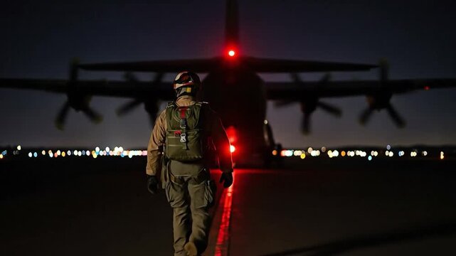 Rear view of a male military paratrooper in full gear and helmet walking towards a large transport aircraft on a dark runway at night with red lights