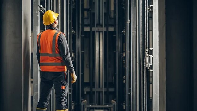 Male Elevator Technician in Yellow Hard Hat and Orange Safety Vest Inspecting Lift Shaft Mechanism in Industrial Building
