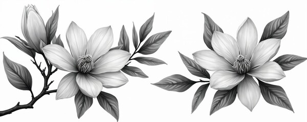 Obraz premium Two magnolia blooms with leaves. Delicate botanical art on white background. Elegant floral design for cards, invites, or decor. Classic, natural beauty.