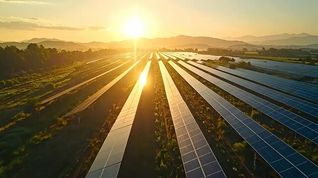 Aerial view shows rows of solar panels generating clean energy at sunset, creating a sustainable and eco-friendly power
