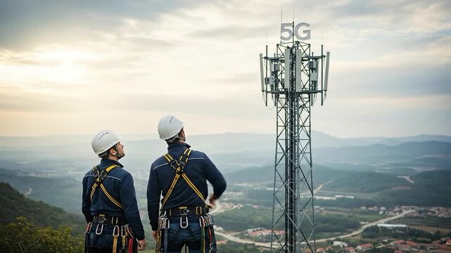 Two male telecommunication engineers in safety gear and helmets looking at a 5G cellular tower on a hill at sunset