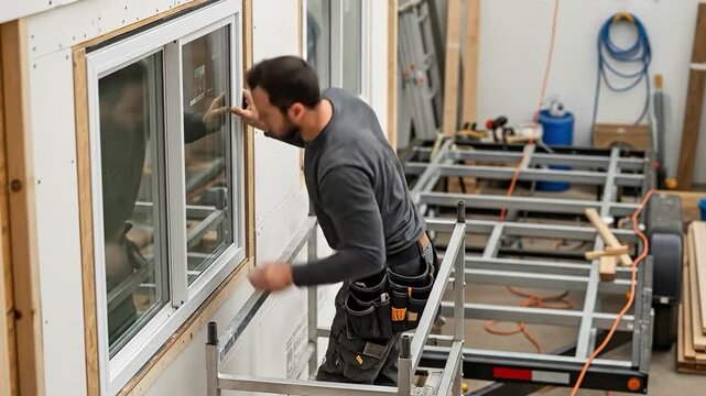 A Caucasian male construction worker in his 30s installing a new window on a tiny house trailer frame in a workshop setting.