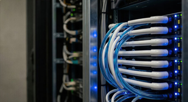 Data center hardware cooling distribution units for ai center rack focus blue cable loop network connection technology