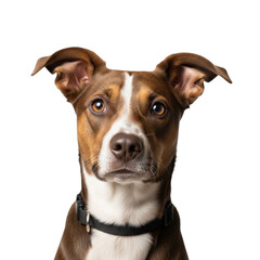 Brown and white dog with black collar looking up attentively isolated on a transparent background
