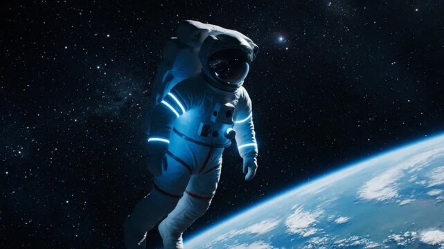 Astronaut in a blue suit floating above Earth, battery lights glowing amid vast space and distant stars.