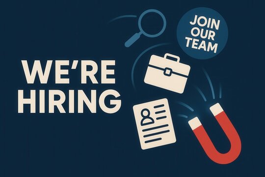 Recruitment banner with WE'RE HIRING and JOIN OUR TEAM text, modern flat style, appealing employment promo design.