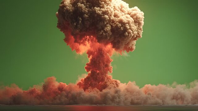 Nuclear atomic bomb explosion vfx with smoke fire and mushroom cloud on green screen