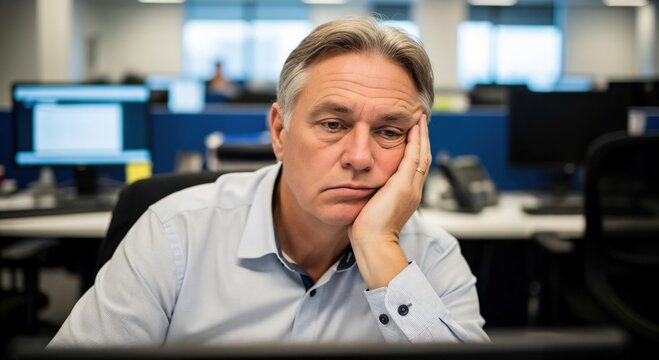 Tired middle-aged Caucasian man in a light blue shirt sitting at an office desk resting his head on his hand looking bored and stressed during work hours.