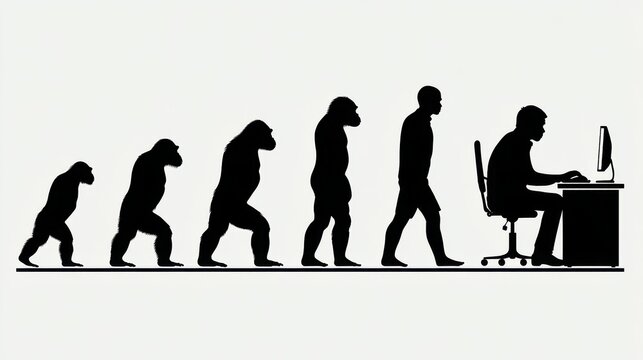Evolution of Man with Computer Desk Representation in Simple Minimalistic Style