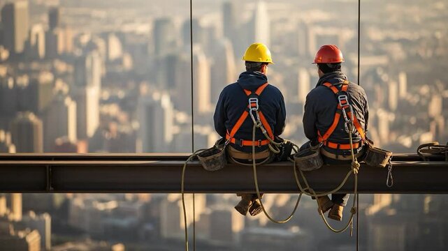 Two male construction workers in safety gear sitting on a steel beam high above a city skyline at sunset, wearing hard hats and harnesses.
