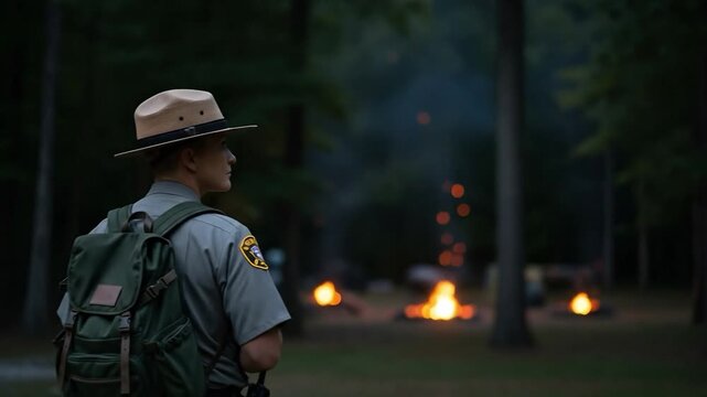 Back view of a male park ranger in uniform and campaign hat with a backpack looking at campfires in a forest at night, forest protection and safety concept.