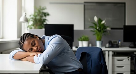 Fototapeta premium Exhausted African American Businesswoman Sleeping at Her Desk in a Modern Office, Tired Young Professional Woman Taking a Nap During Work Break