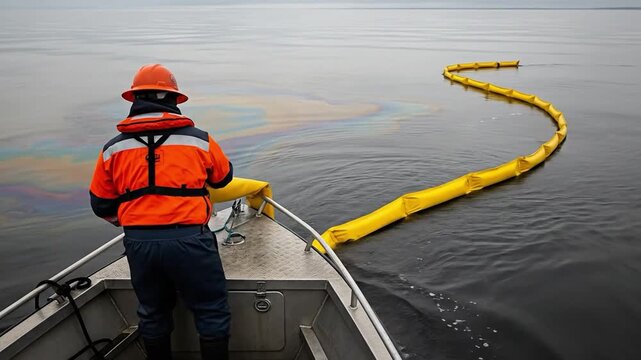 A male worker in a safety helmet and orange life jacket deploying a yellow containment boom to clean up an oil spill on the ocean surface from a boat.
