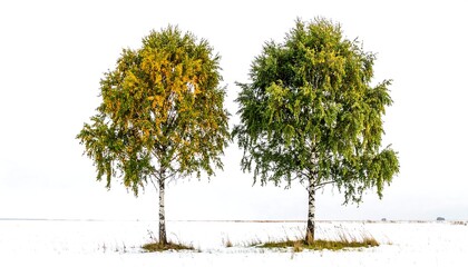 Fototapeta premium Two trees stand in a snowy field, with autumn colors