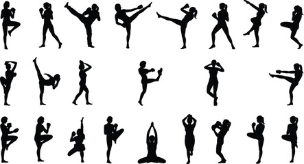 Female martial arts and fitness training silhouettes set, kickboxing karate taekwondo poses, workout balance strength flexibility, black vector illustration © Creative Asif