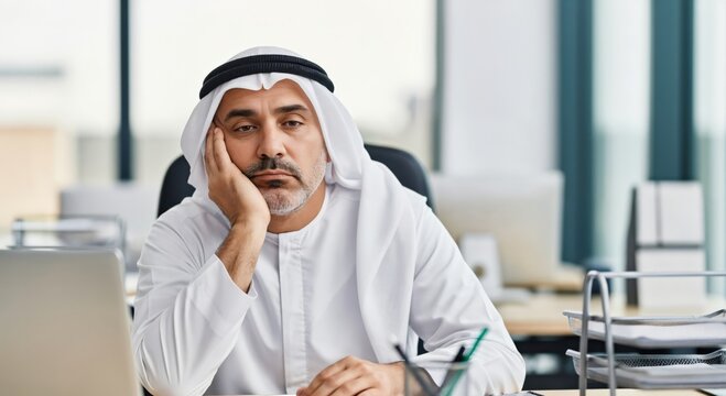 Bored and tired middle aged Arab businessman in traditional white kandura sitting at office desk with laptop, feeling exhausted and unmotivated at work