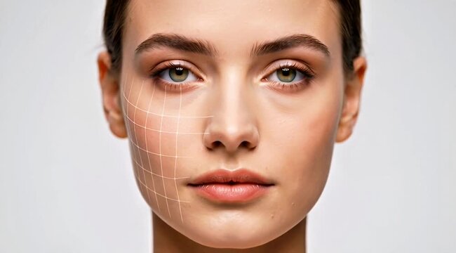 Beauty and Precision: A close-up shot of a poised face, subtly marked with a grid, symbolizing the meticulousness of beauty treatments, revealing a complexion of captivating allure.