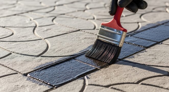 Hand applying protective black sealant with paintbrush on patterned outdoor paving stones