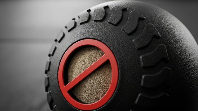 Close-up of a rubber-like spherical object with tire tread and a no-entry symbol