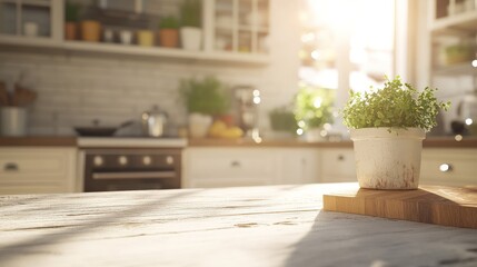 Sunny kitchen interior, plant on wooden table