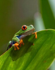 Obraz premium Vibrant tree frog perched on a green leaf, with striking red eyes