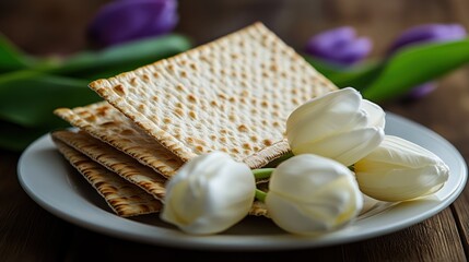 Matzah with tulips on plate
