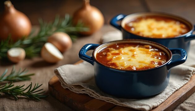 Two navy blue bowls hold steaming french onion soup topped with melted cheese. Onions and rosemary sprigs are scattered on a rustic wooden surface.