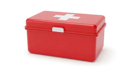 a classic red first aid kit box with a white cross symbol, isolated on a clean white background.