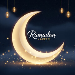 Naklejka premium Ramadan Kareem greeting with crescent moon and lanterns