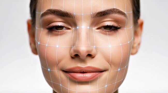 Beauty and Technology: A close-up shot of a poised young individual whose face is overlaid with a technological grid, reflecting the convergence of beauty, science, and the future.