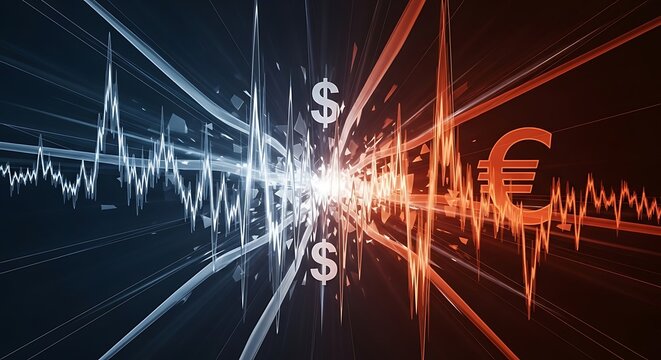 Currency exchange rates graph with dollar and euro symbols converging